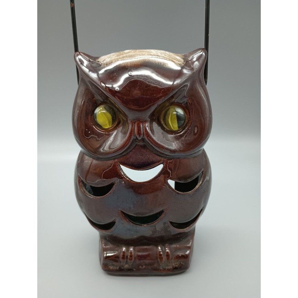 Vintage Redware Owl Lantern Light Candle Holder Inarco Japan Marble Halloween